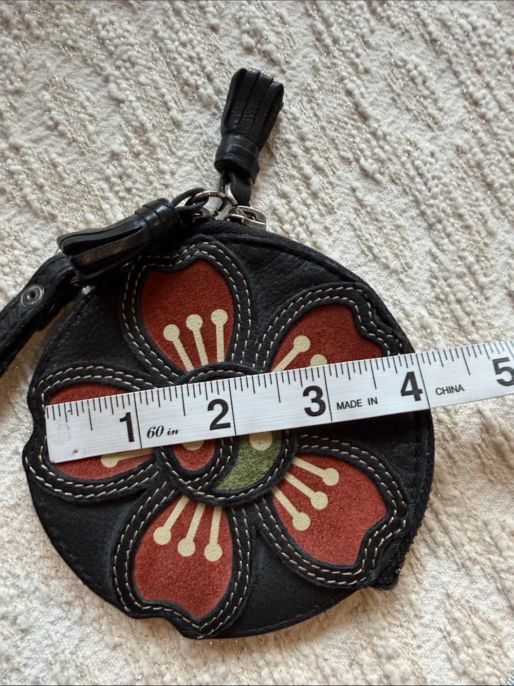 Lucky Brand Leather Boho Floral Appliqué Round Coin /Wristlet Purse